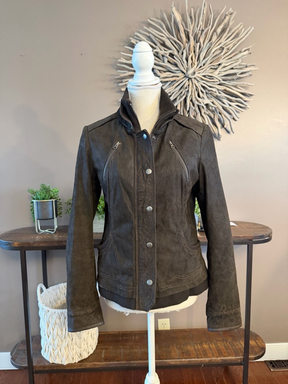 Danier wool lined leather jacket in rich brown.